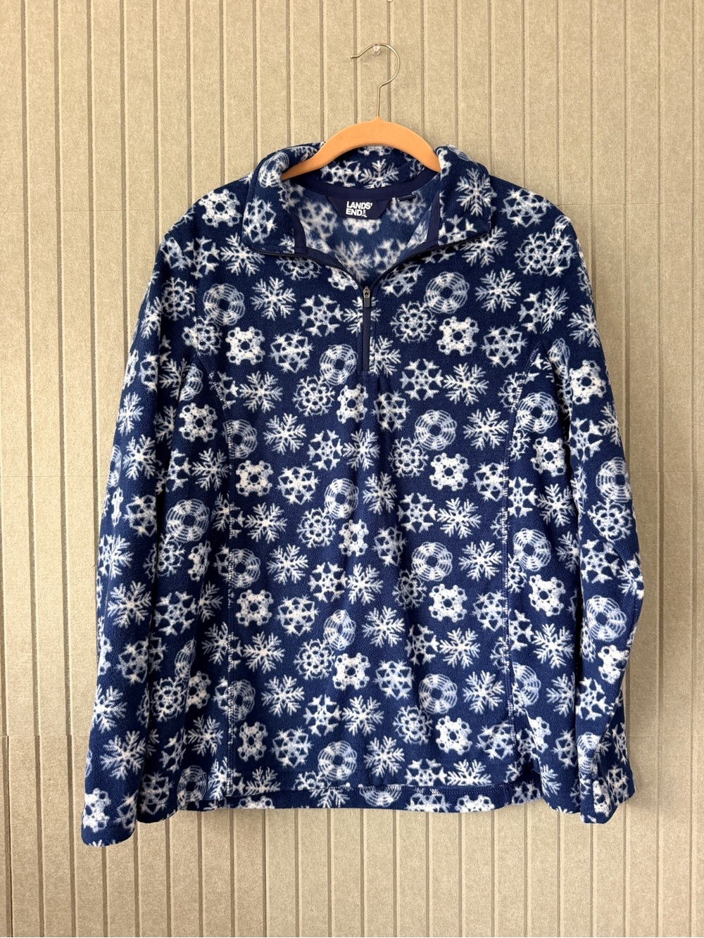 Lands' End Navy and White Snowflake Zip-Up Fleece